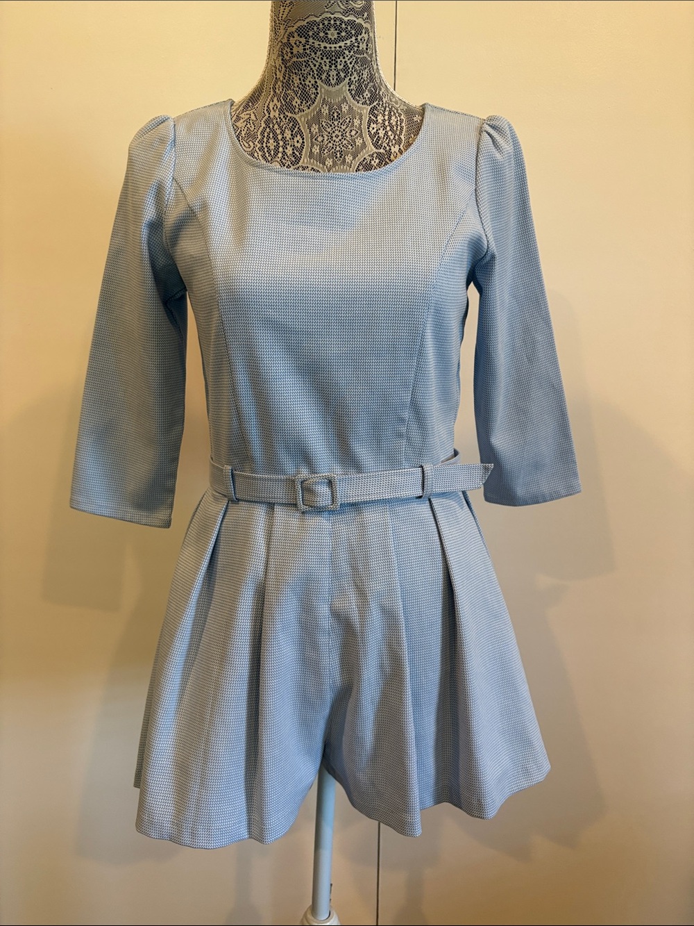 Dazzlin Blue Textured Tweed- Like Belted Romper Size Small Preppy